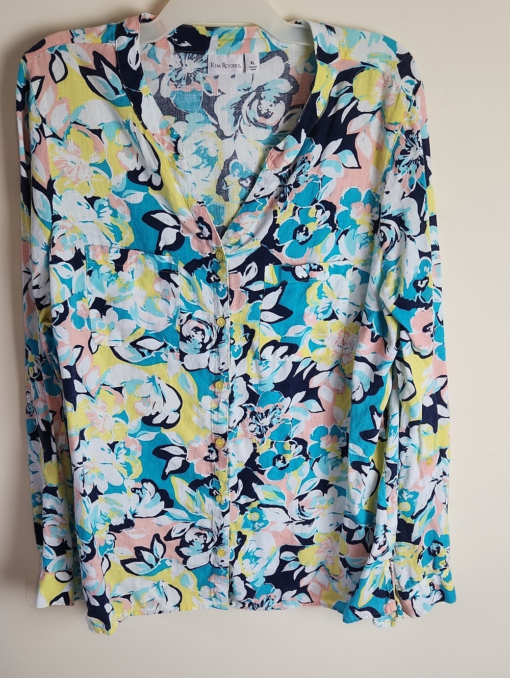 Linen Blend Pastel Floral Button-Front Shirt in Navy, Aqua & Yellow XL